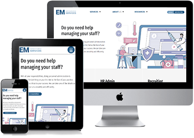 EM Administrative Services website, on different sized screens